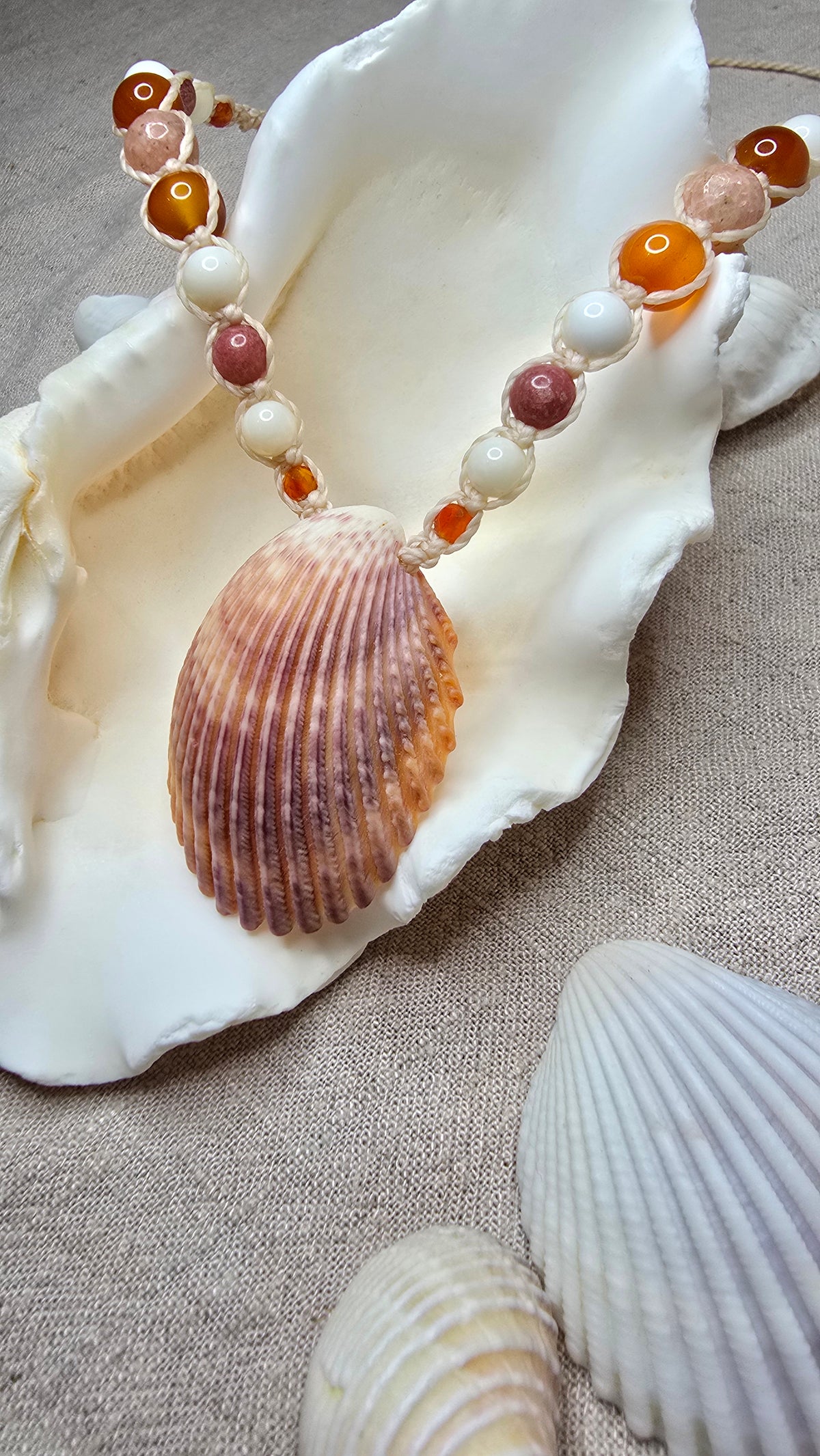 Cockle Shell Necklace with Carnelian, Peach Calcite & Thulite