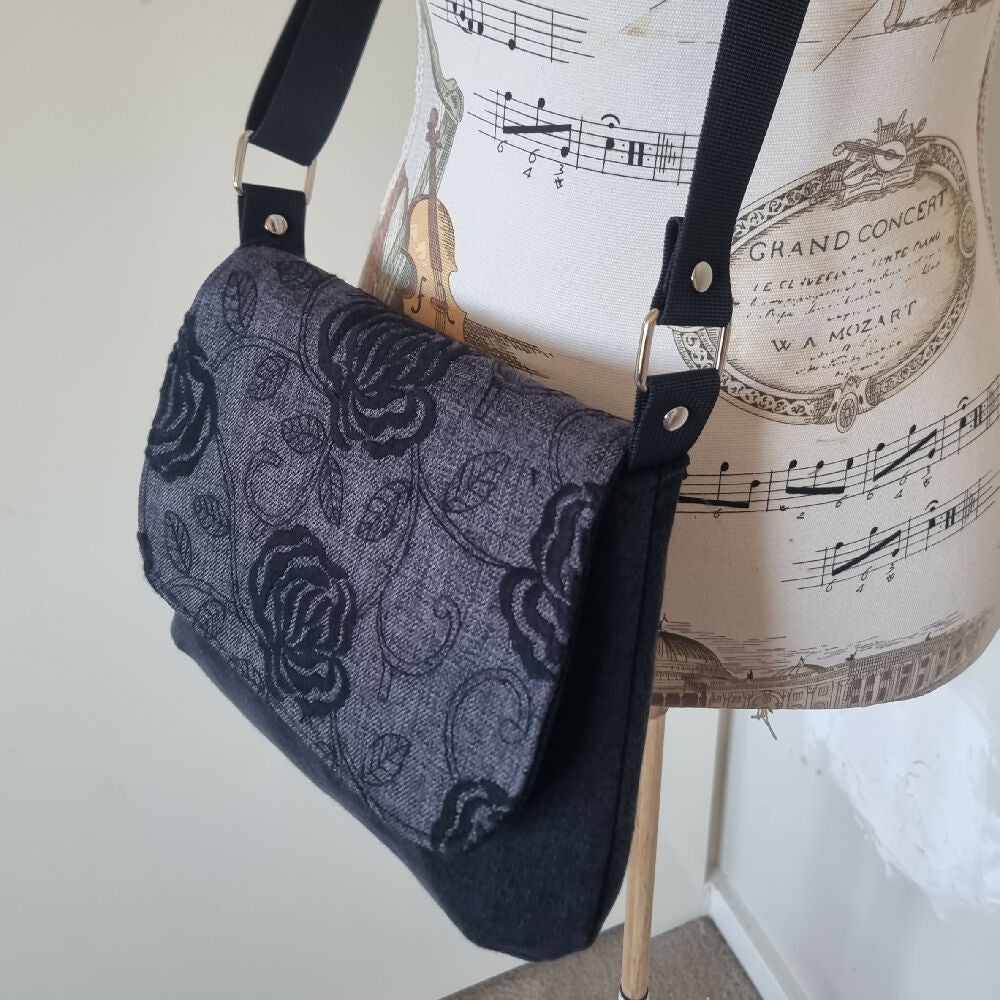 Upcycled mini messenger bag - black roses