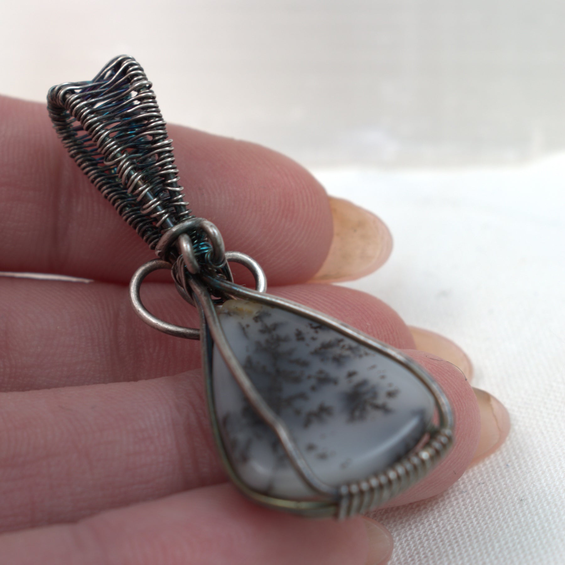 First Frost - Dendritic Opal Pendant in Antiqued Silver