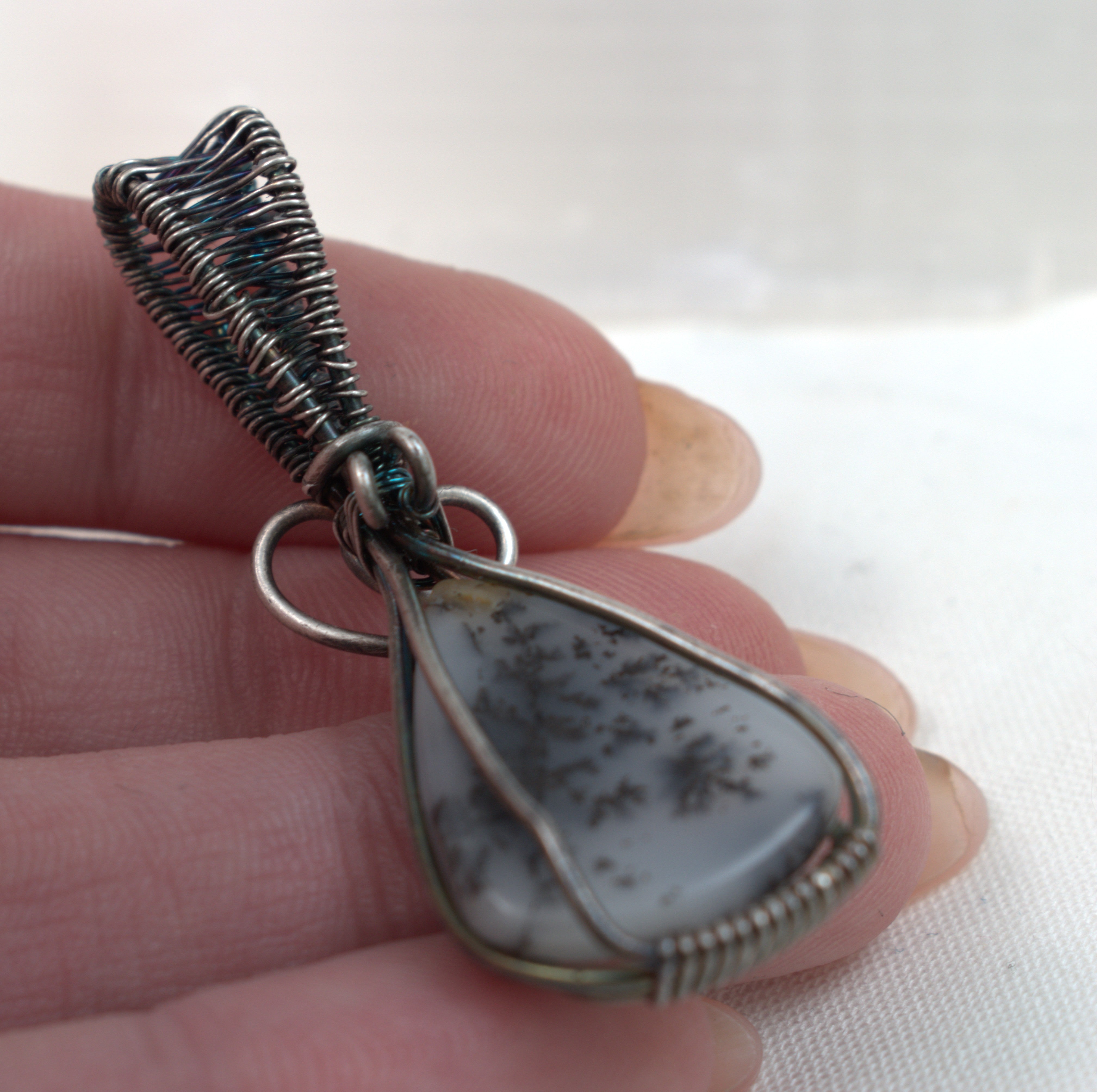 First Frost - Dendritic Opal Pendant in Antiqued Silver