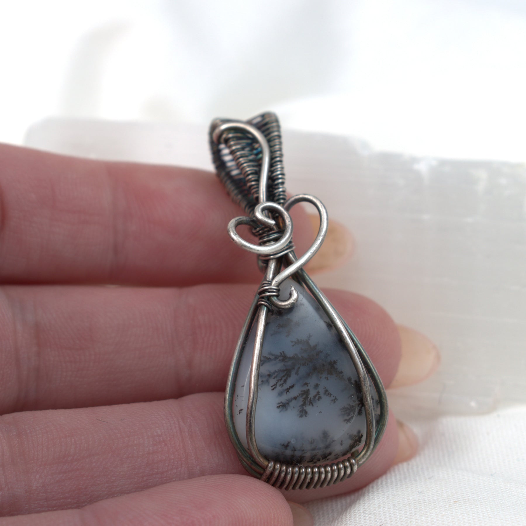 First Frost - Dendritic Opal Pendant in Antiqued Silver