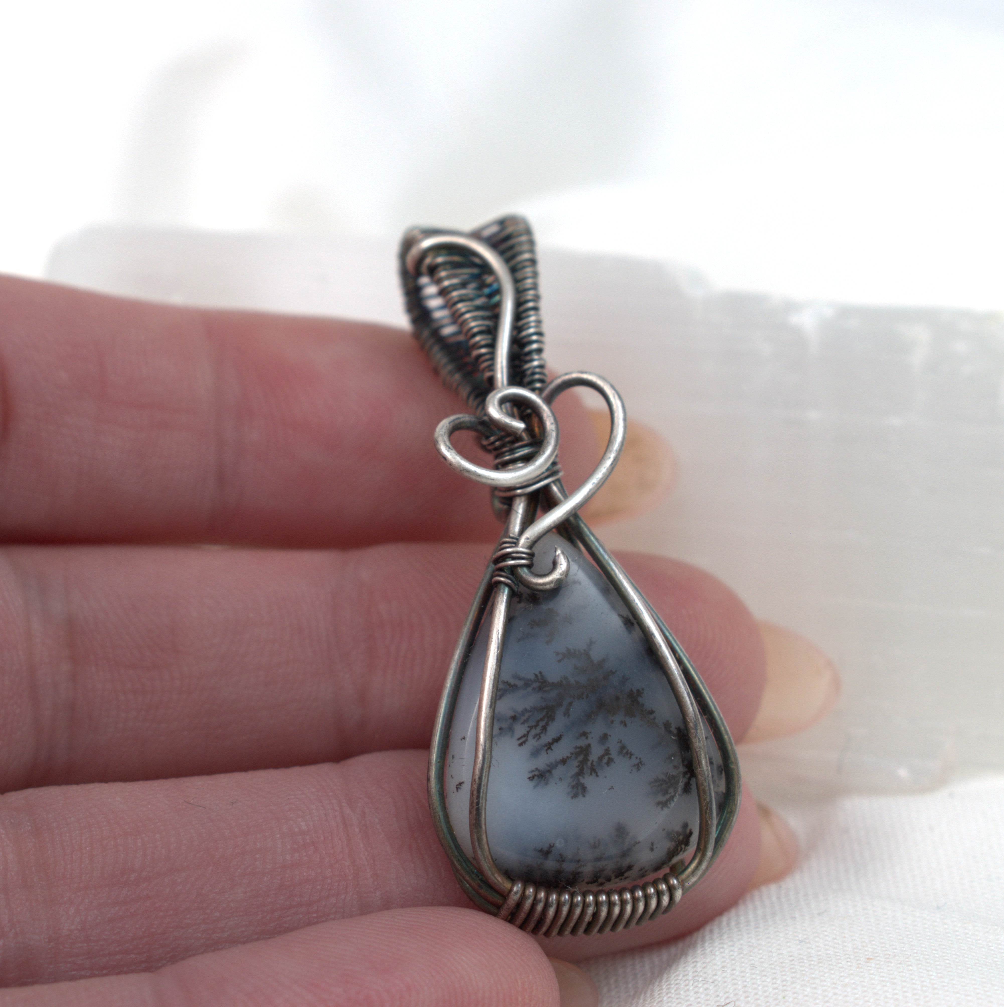 First Frost - Dendritic Opal Pendant in Antiqued Silver