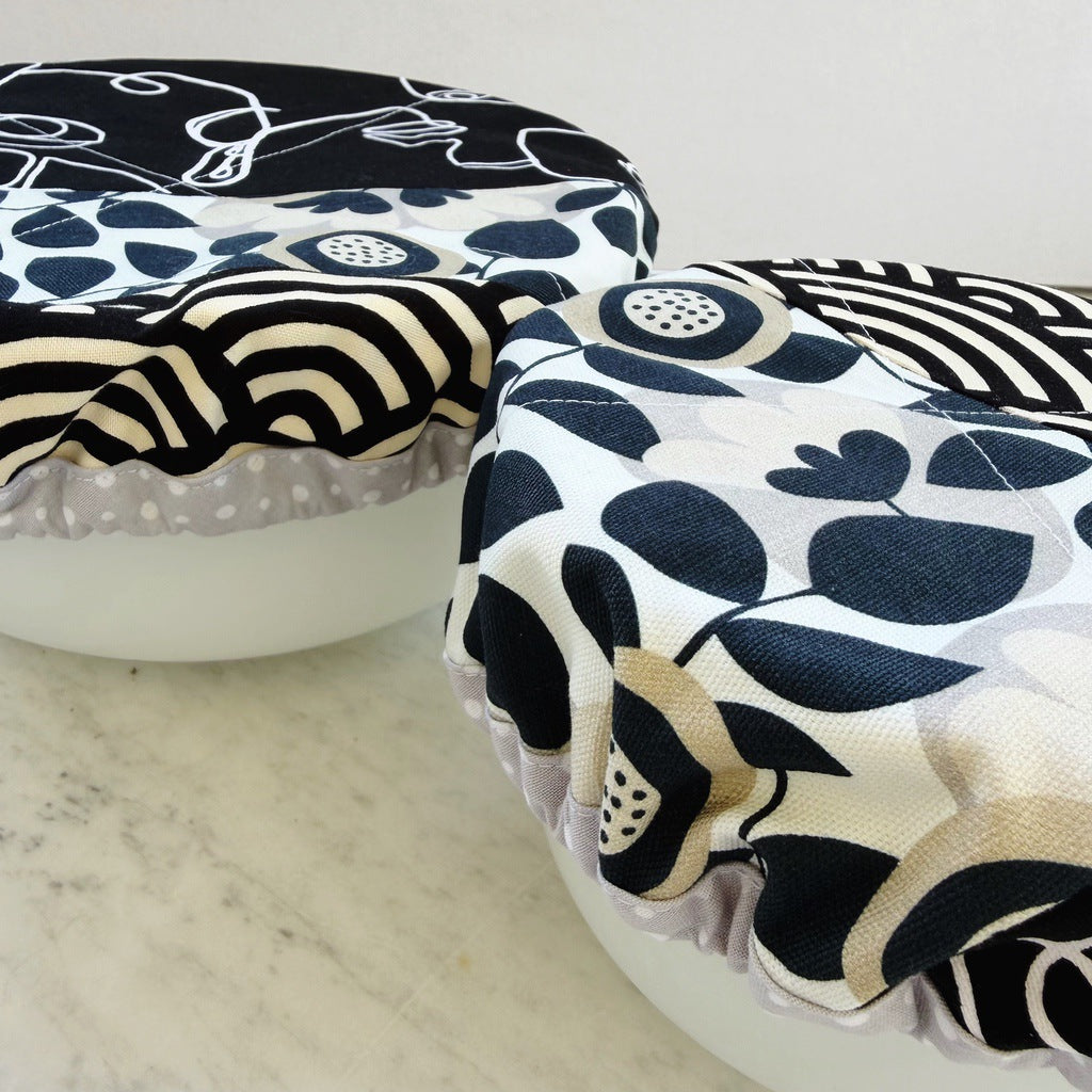 Black and white reusable fabric bowl covers. Set of two. Proofing cloths.