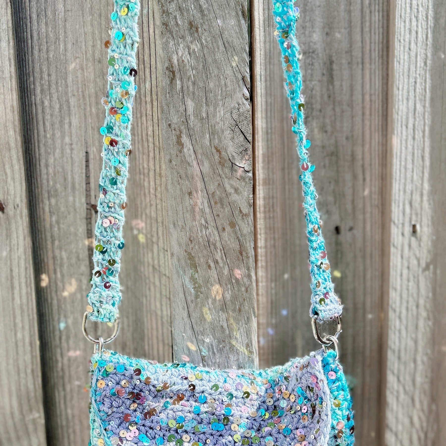 Handmade Cotton Crochet Sequin Crossbody Bag, Sparkly Statement Bag