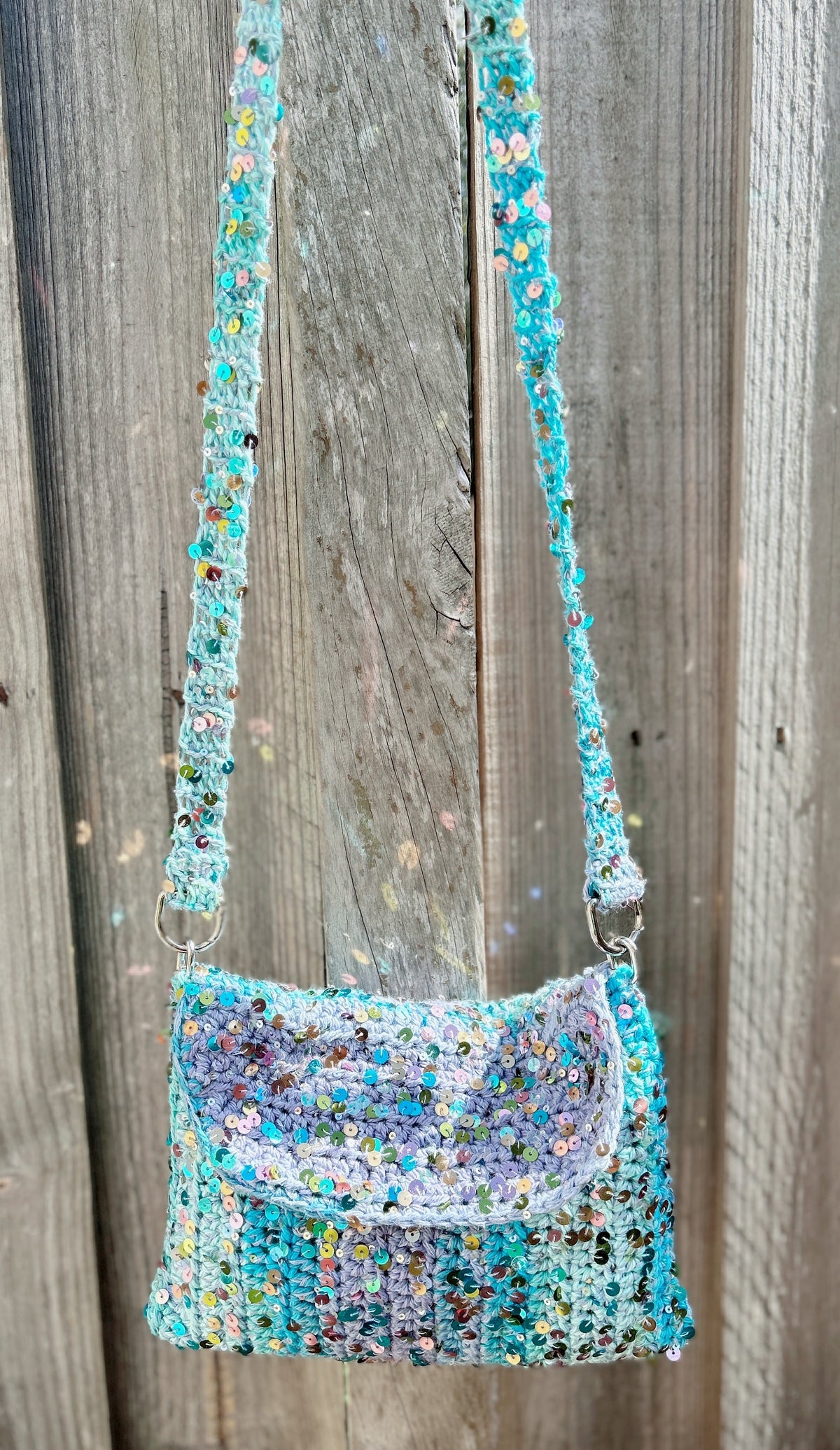 Handmade Cotton Crochet Sequin Crossbody Bag, Sparkly Statement Bag