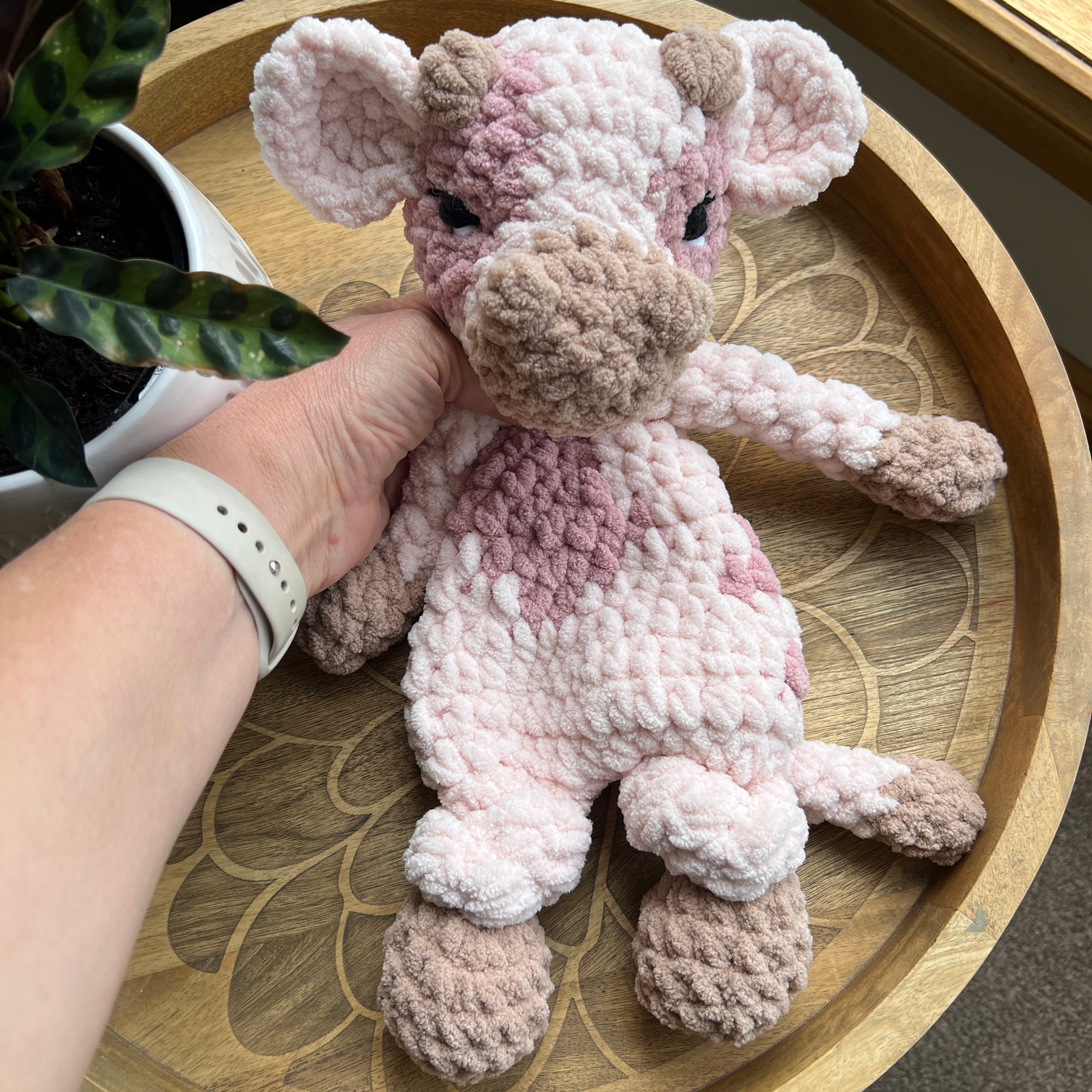 Handmade pink crochet cow lovey snuggler baby safe.