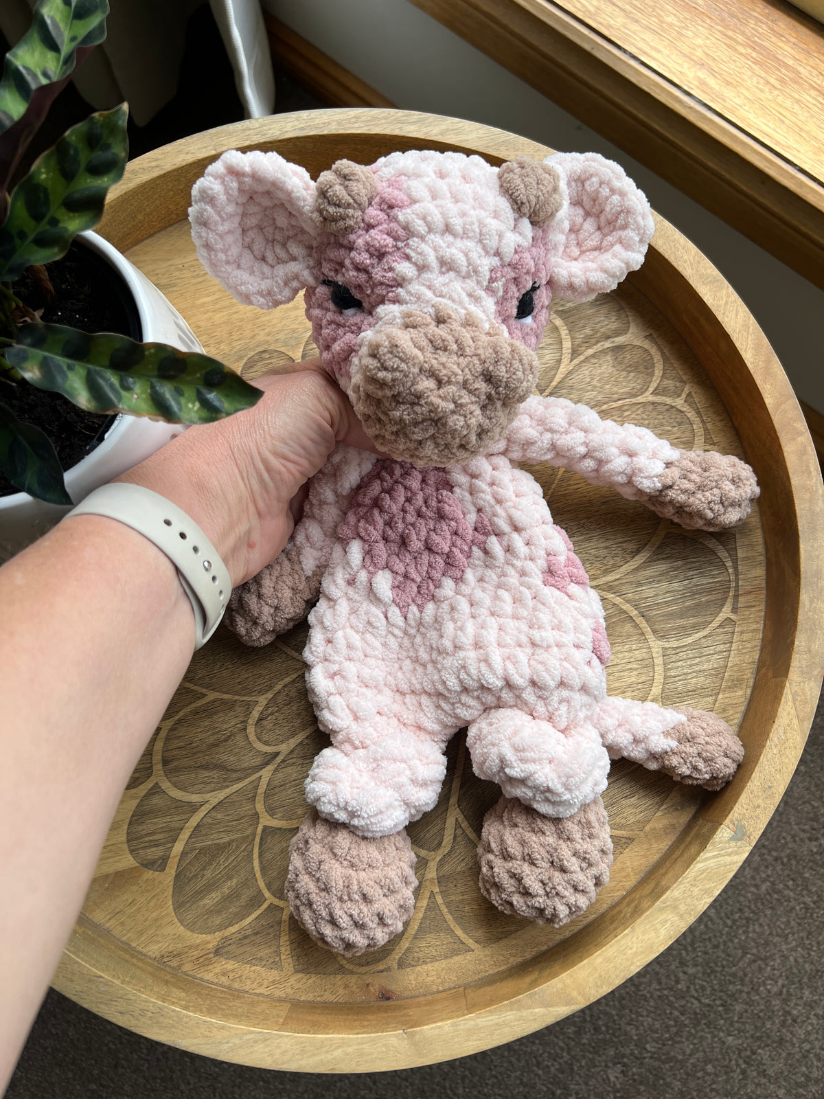 Handmade pink crochet cow lovey snuggler baby safe.