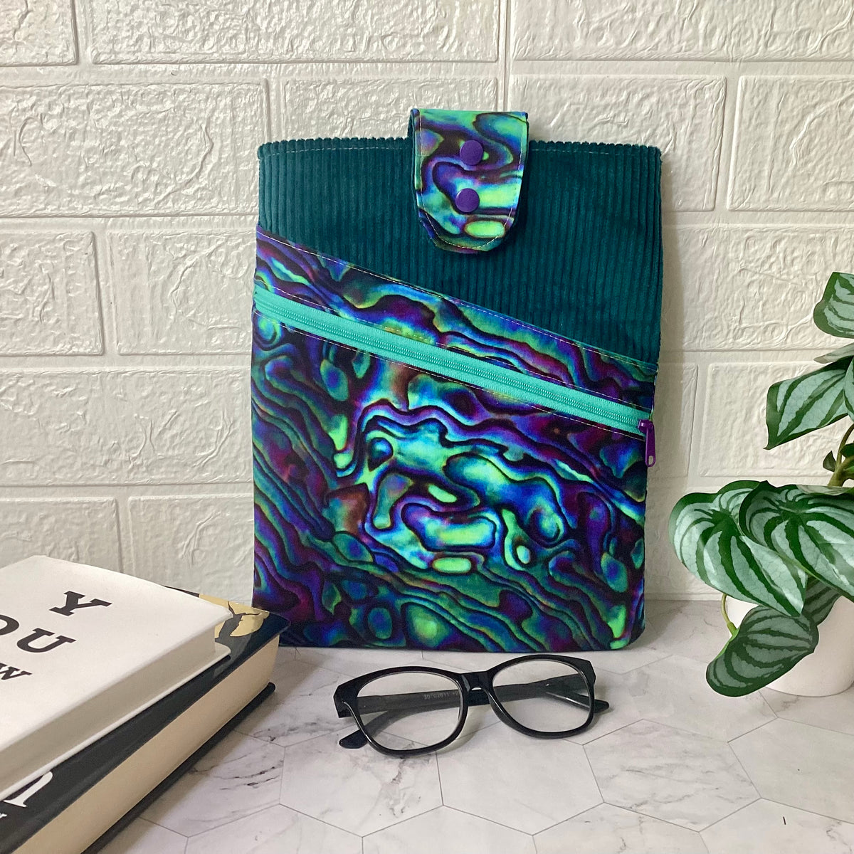 Paua Shell fabric book sleeve with 2 pockets. iPad, tablet pouch