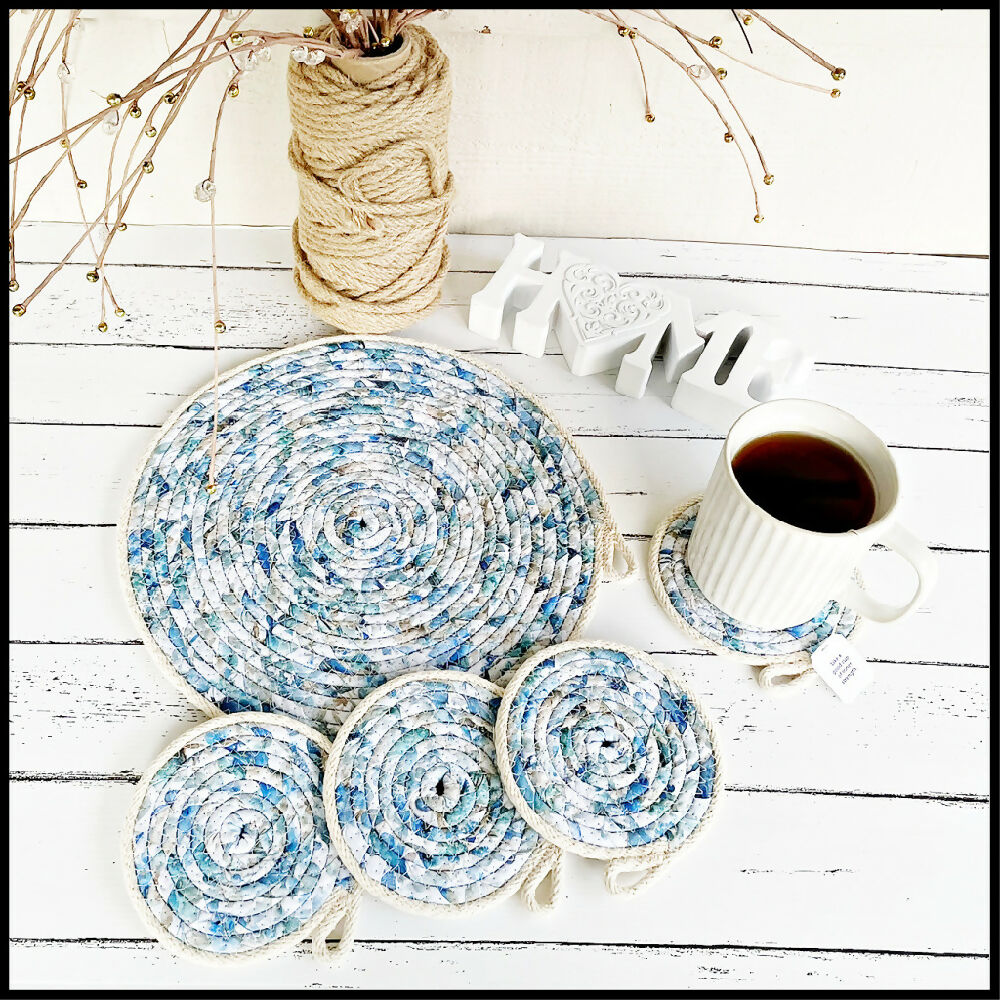 Home Decor Table Mat/Trivet & Coaster Set - Blue Tones