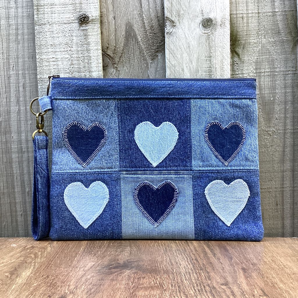 Large Upcycled Denim Pouch – 6 Denim Hearts