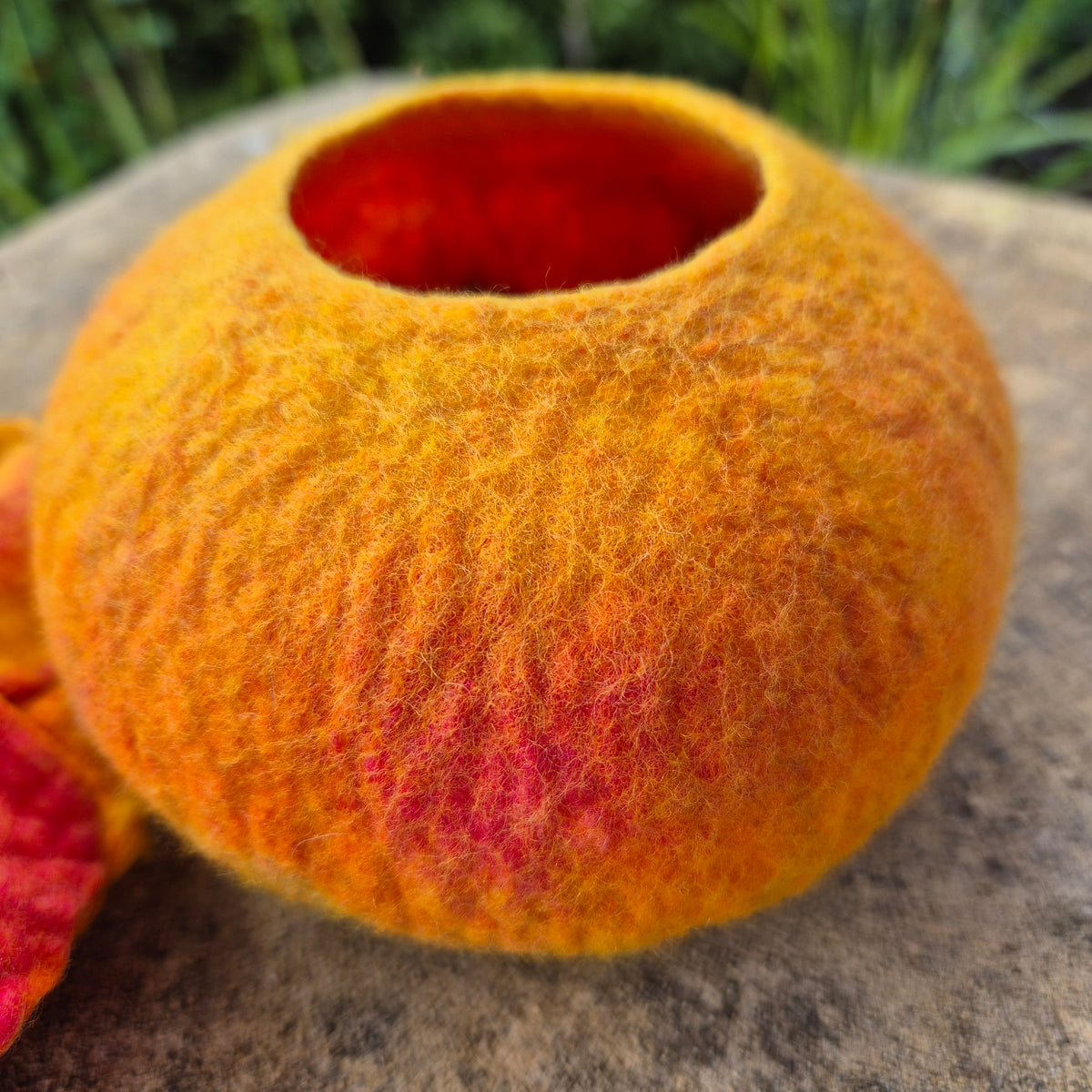 Sunflower Felted Wool Vessel with Flower Lid – Handmade Trinket Bowl