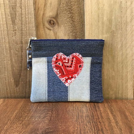 Upcycled Denim Purse - Red Paisley Heart
