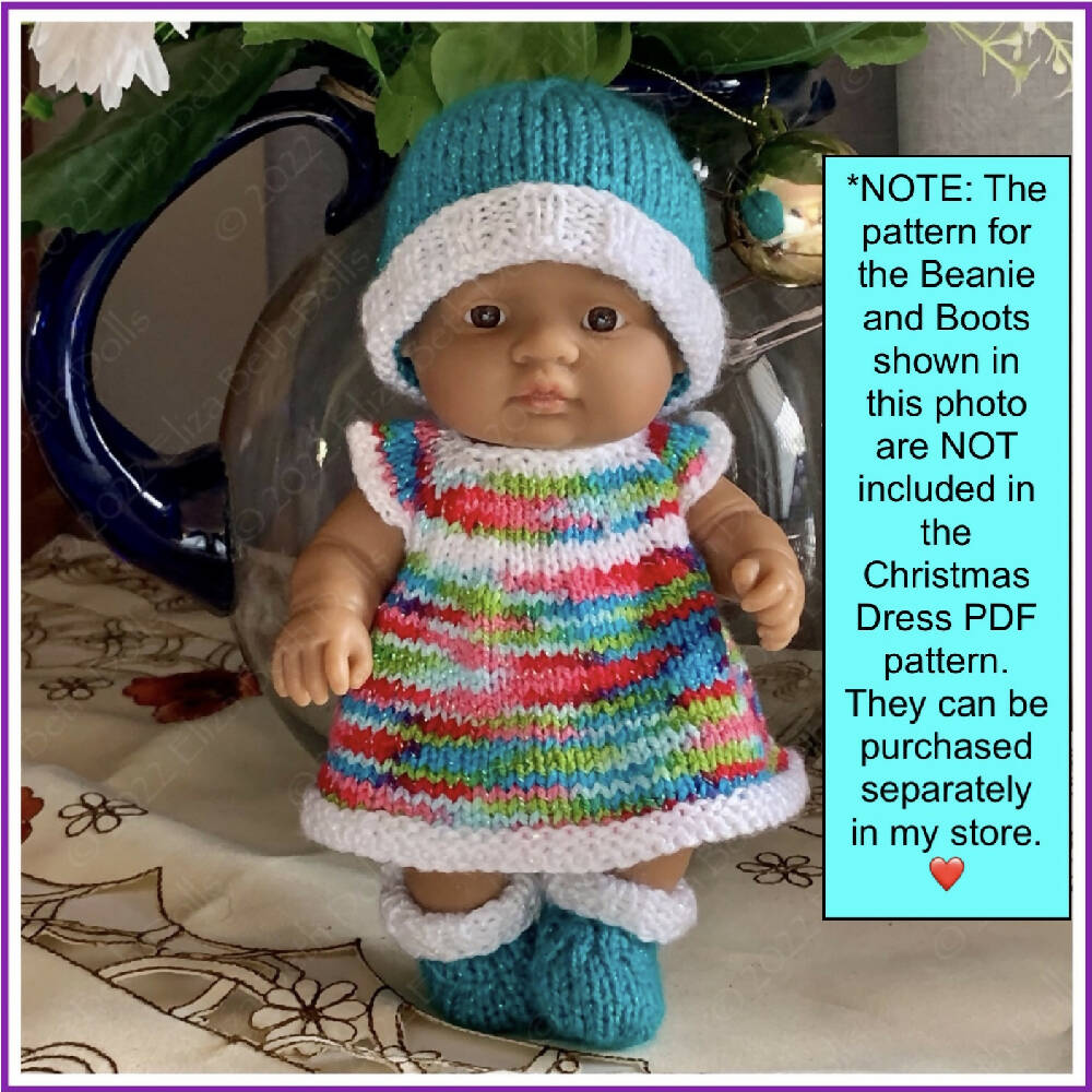 Miniland 21cm clothes, PDF digital pattern, Dress, Girl, Easy quick knit, Straight needles, Flat knit, Baby doll clothes, Cute outfit, Doll accessories, Minikane, 8inch, Clear instructions, Photos, 8ply DK yarn, Beginner friendly, Basic knitting, Simple pattern, 2, Eliza Beth Dolls, ElizaBethDolls, Australia