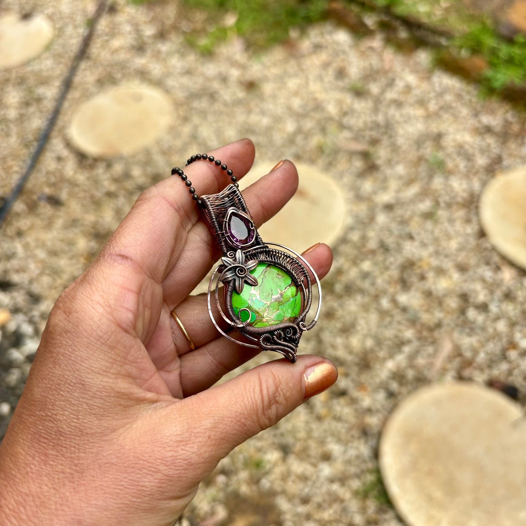 Mojave Turquoise/Amethyst copper crystal pendant