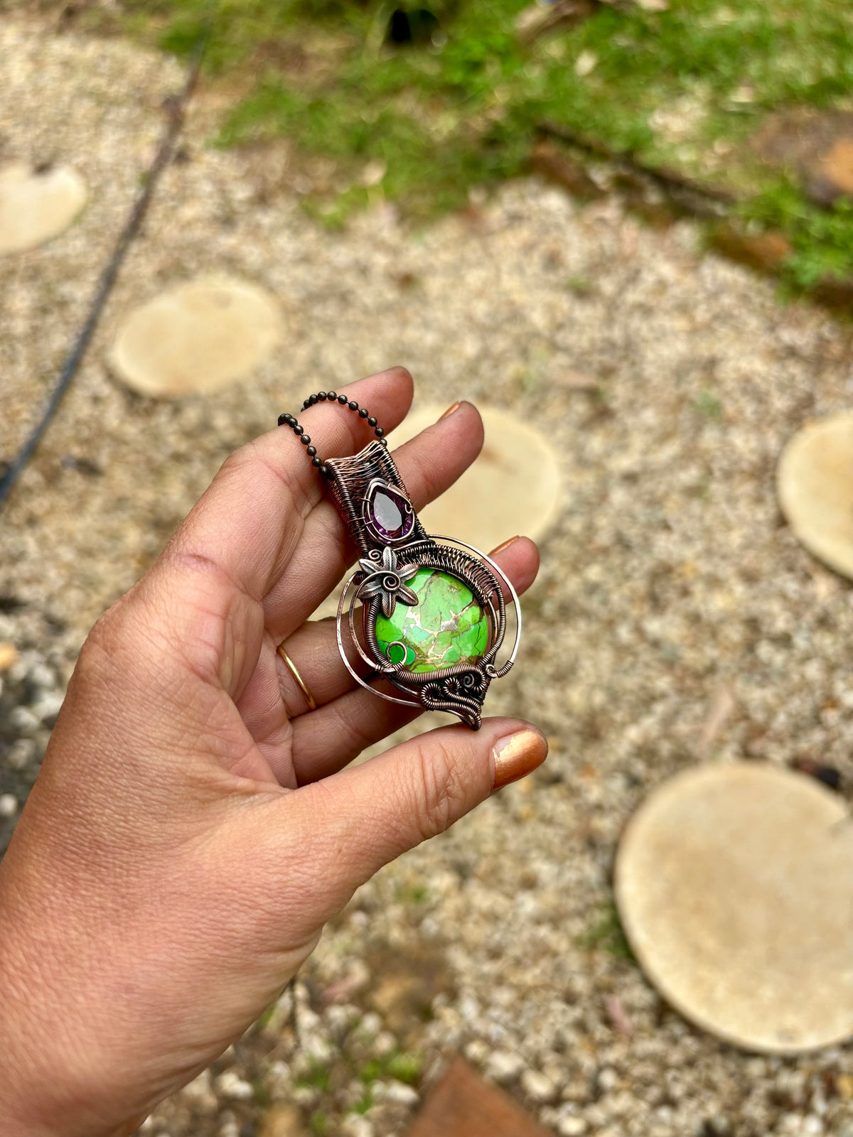 Mojave Turquoise/Amethyst copper crystal pendant