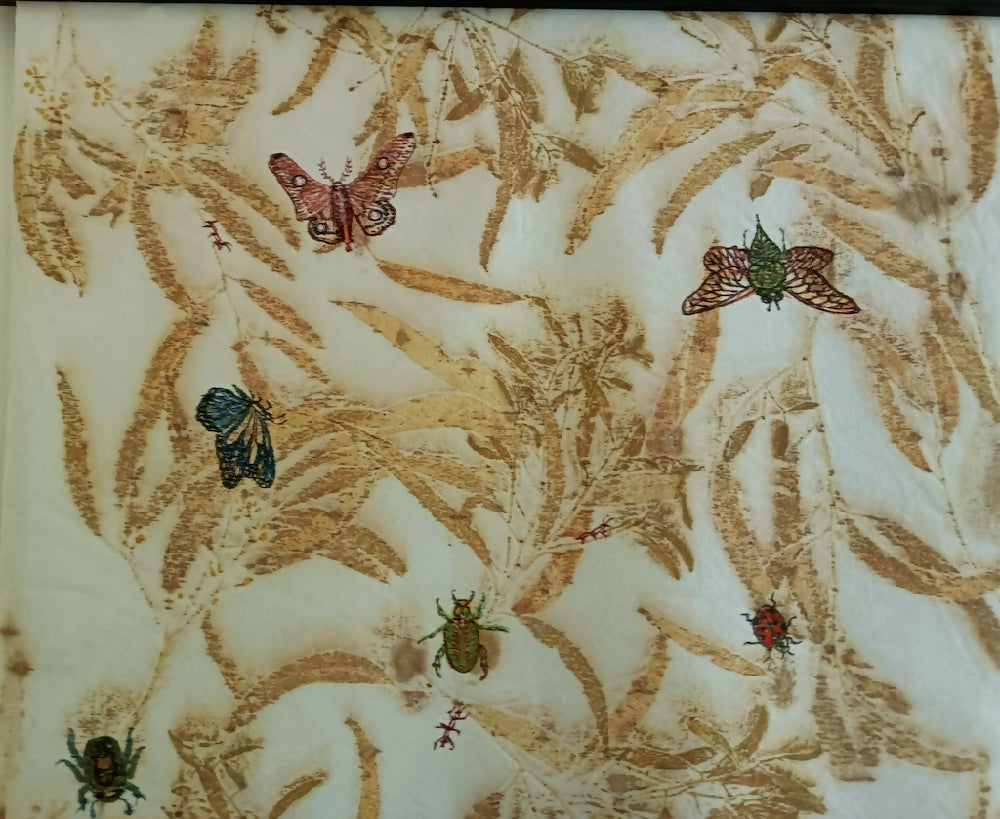 Insects In The Eucalypts - Eco printed wool hanging with hand drawn and painted insects