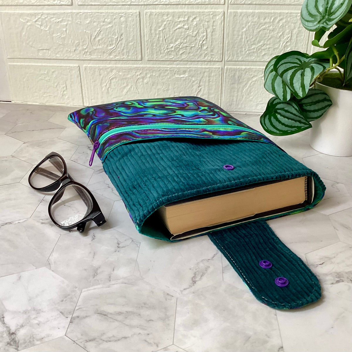 Paua Shell fabric book sleeve with 2 pockets. iPad, tablet pouch