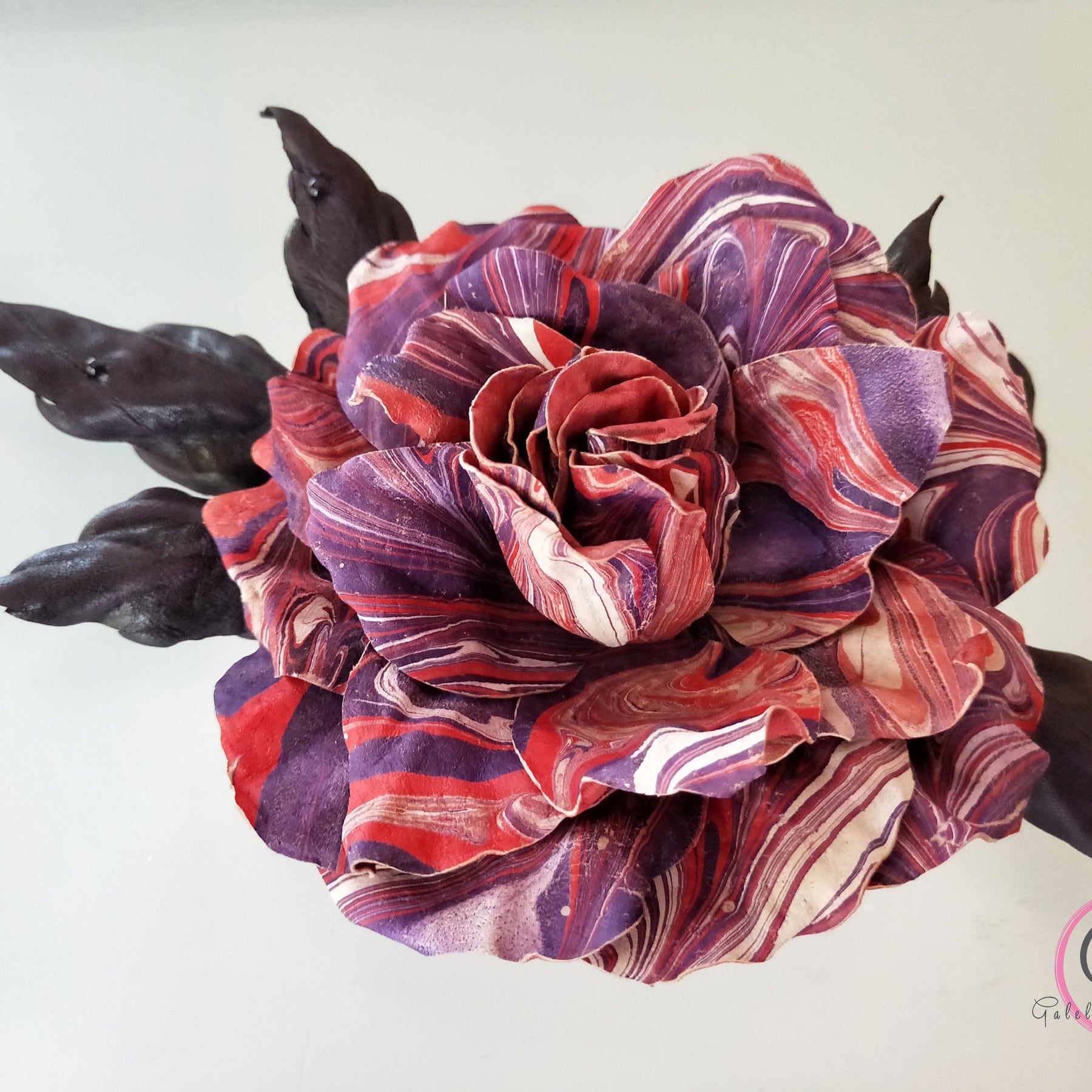 Leather Rose “Marble Flame” , Flower Brooch, Hair Hat clip