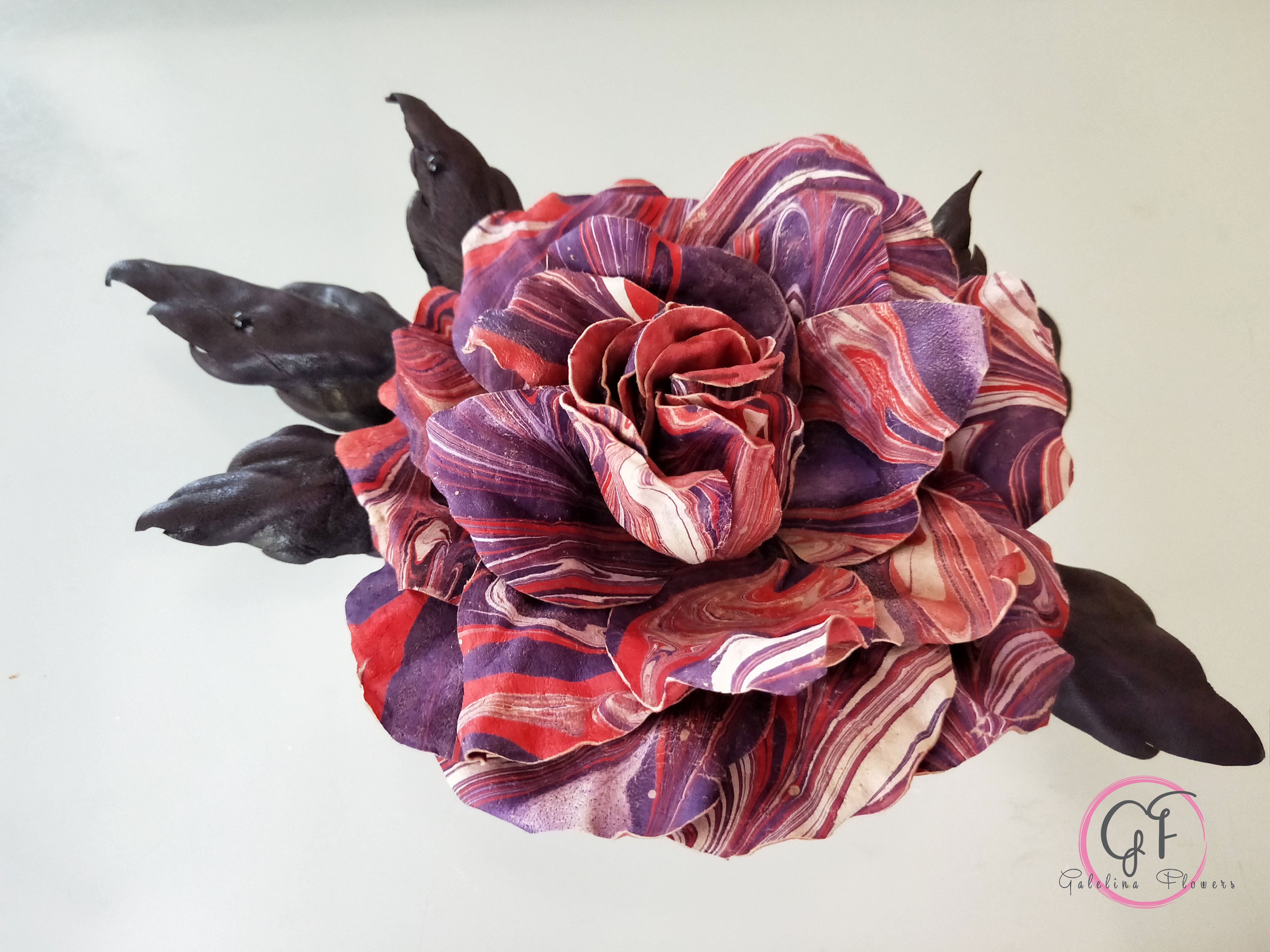 Leather Rose “Marble Flame” , Flower Brooch, Hair Hat clip