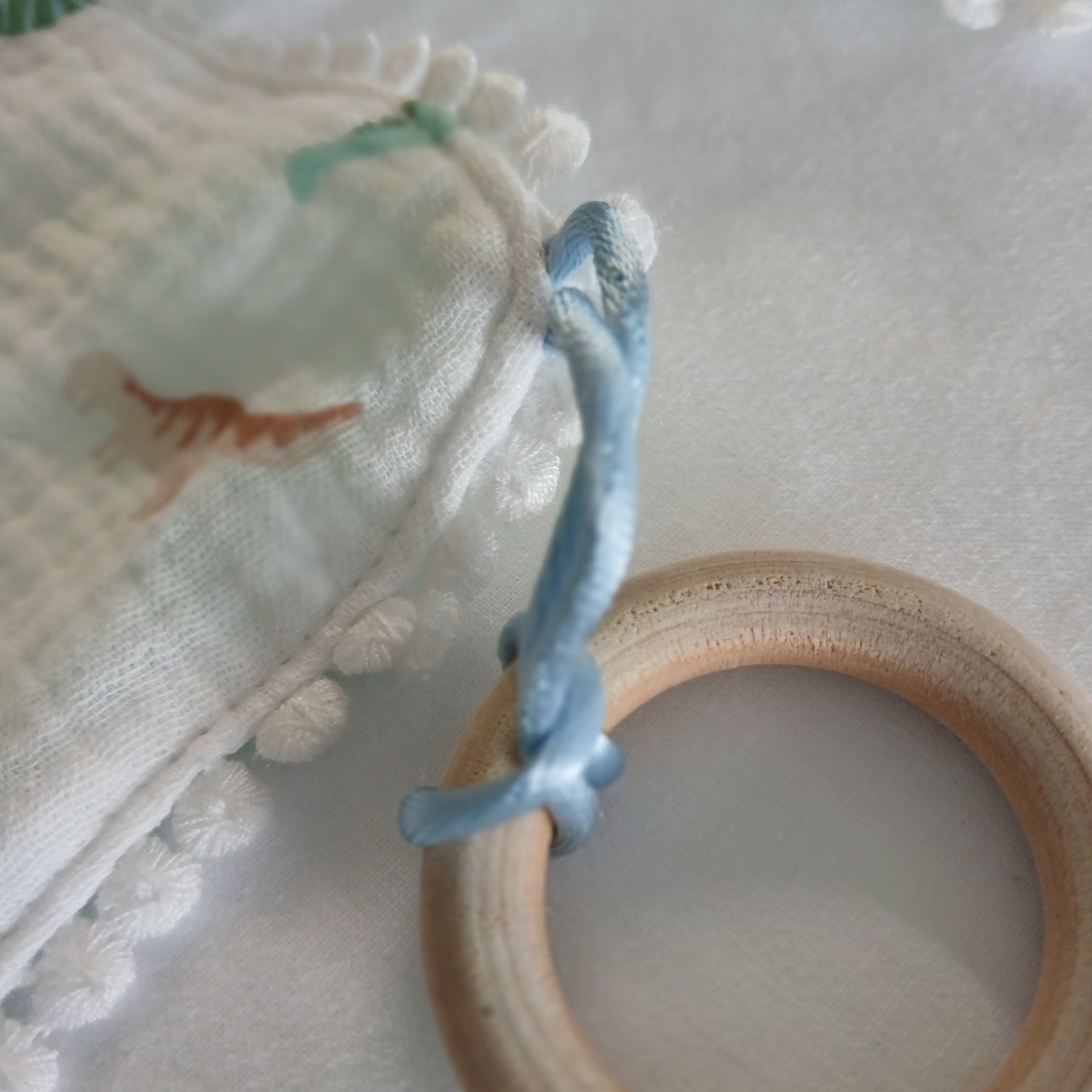 Handmade Double Gauze Dummy Comforter  - 35x31cm with Beechwood Teething Ring -Dinosaurs , Light Mint