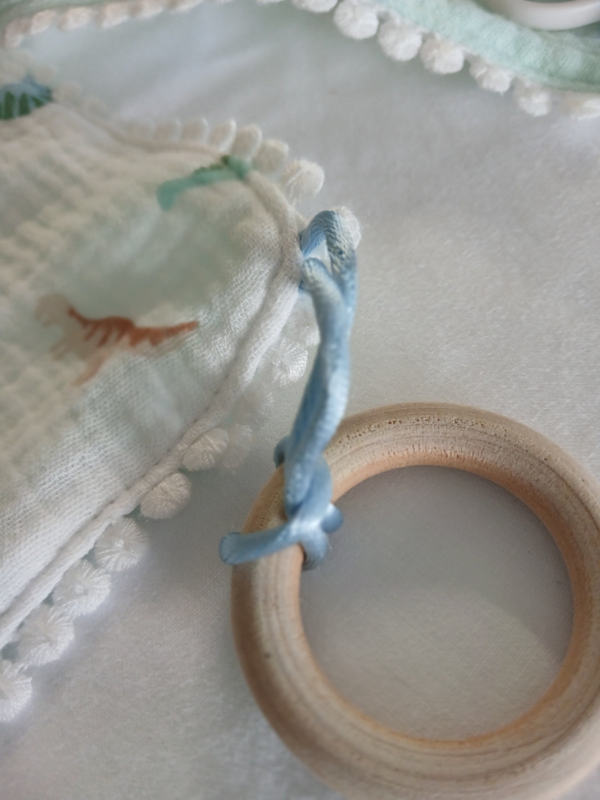 Handmade Double Gauze Dummy Comforter  - 35x31cm with Beechwood Teething Ring -Dinosaurs , Light Mint
