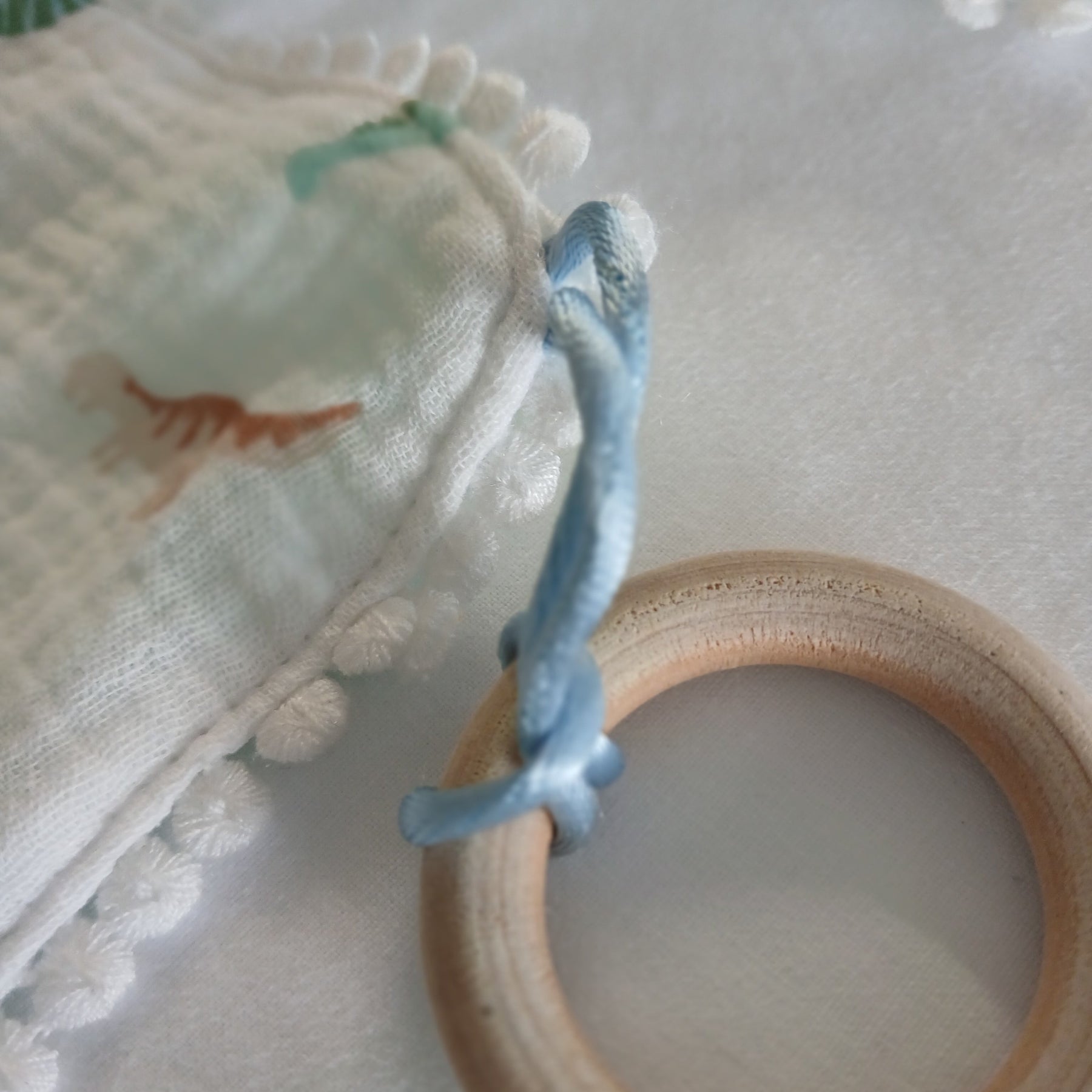 Handmade Double Gauze Dummy Comforter Set of 2 - 35x31cm with Beechwood Teething Ring -Dinosaurs , Light Mint