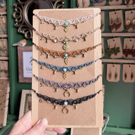 Macrame Boho Collier with gemstone bead and brass charms.