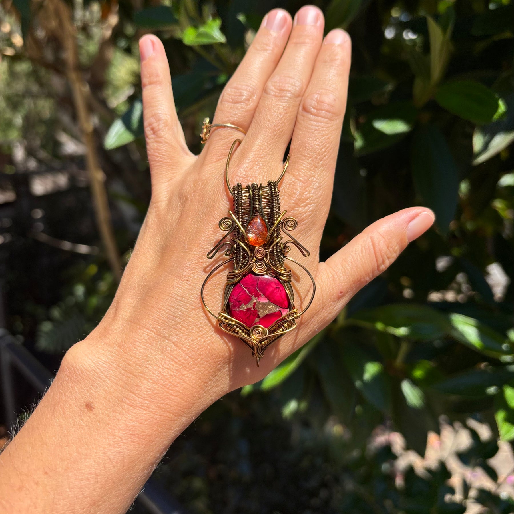 Sunstone Mojave turquoise copper crystal wire wrap pendant