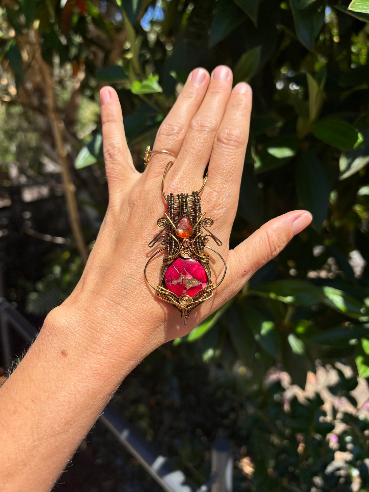 Sunstone Mojave turquoise copper crystal wire wrap pendant