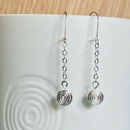 Silver spiral on fine chain dangle earrings