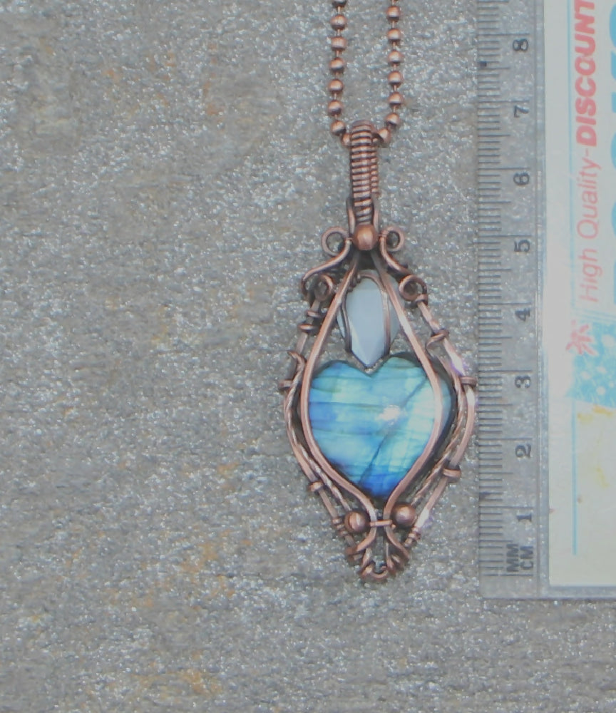 Blue Labradorite Heart with faceted White Moonstone in Copper with chain