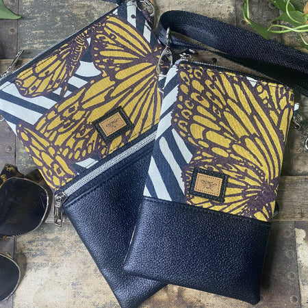 Mini Crossbody Bag - Butterflies on Black & White/Black Faux Leather