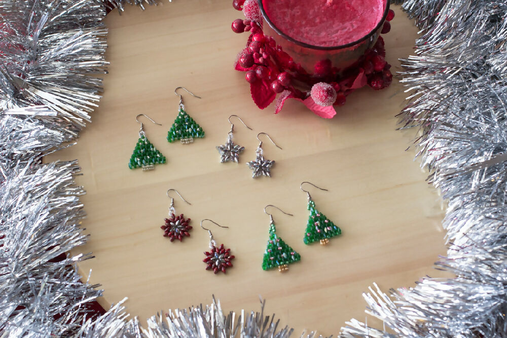 Silver and Green Christmas Tree Earrings