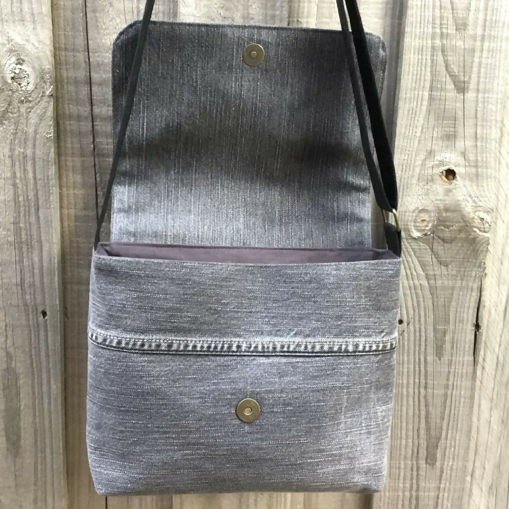 Upcycled Denim Messenger Bag – Black and Grey