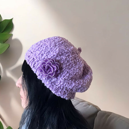 Fluffy Lilac Hand knit Beanie Hat with a crochet flower-purple hat with purple flower