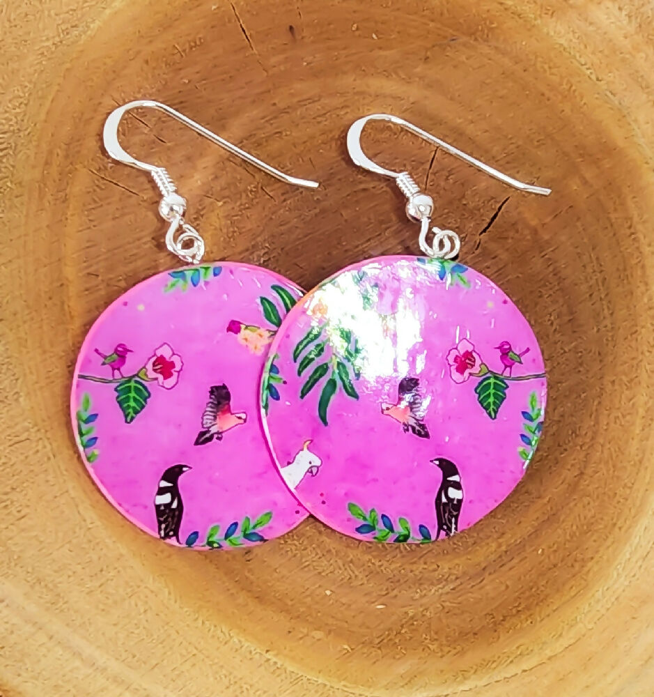 Australian bird forest silver earrings in hot pink