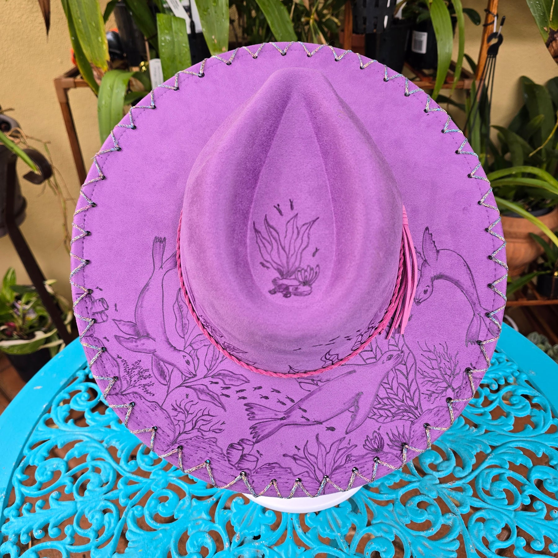 Hand burnt fedora hat: Ocean Magic