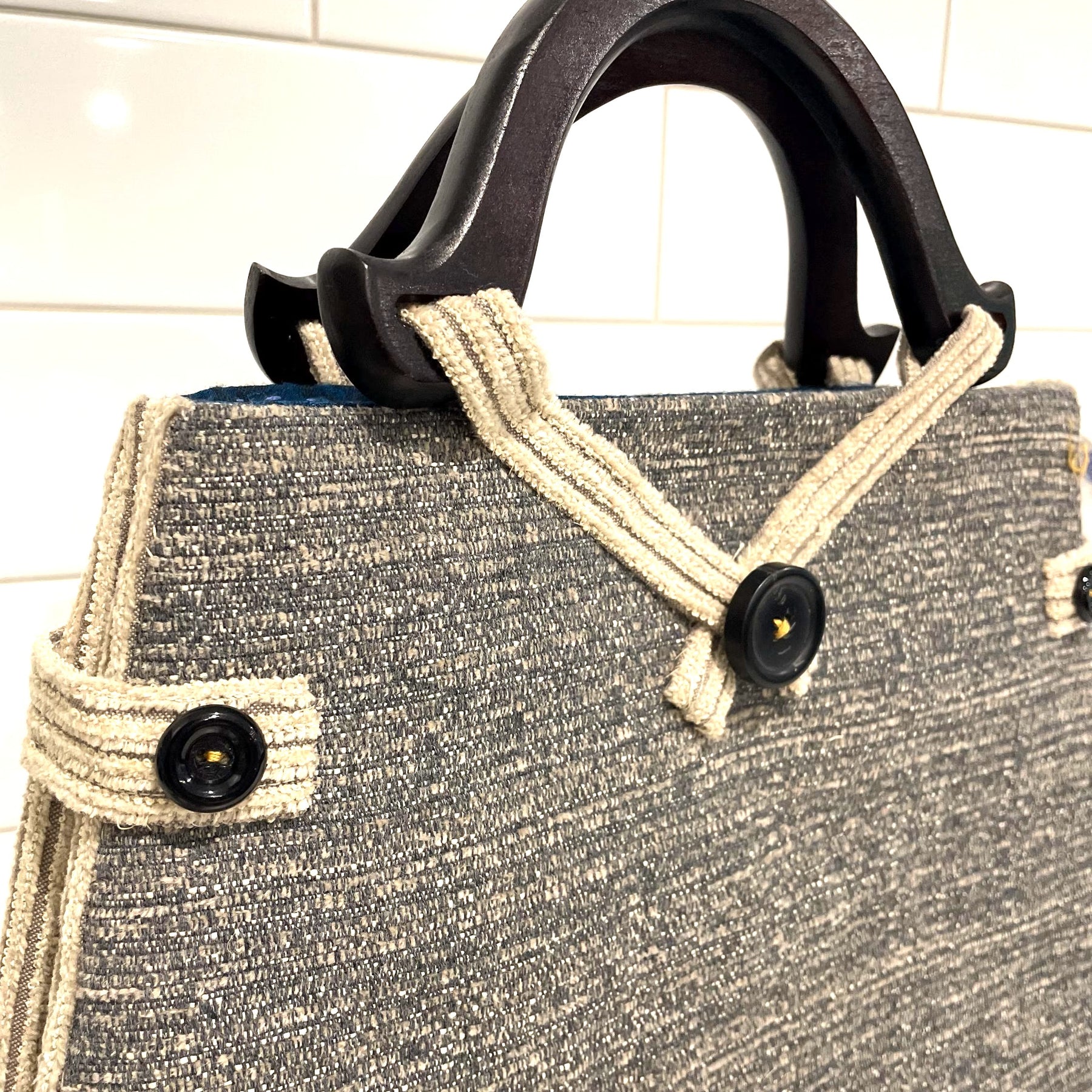 Handmade Upcycled Tapestry Handbag with Wooden handles