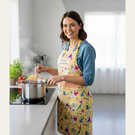 Floral Artwork Apron — “All Things Grow With Love” | Handmade Cotton Apron
