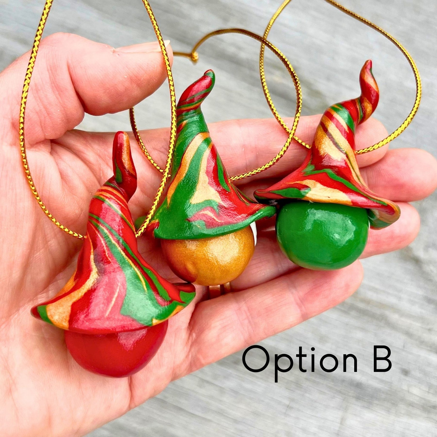Whimsical Gnome Christmas bauble trio - red, green & gold