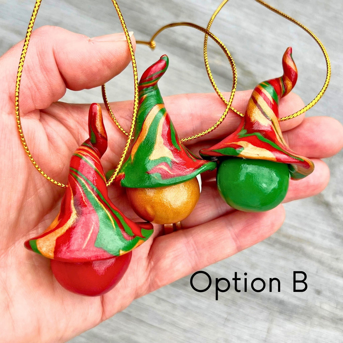Whimsical Gnome Christmas bauble trio - red, green & gold