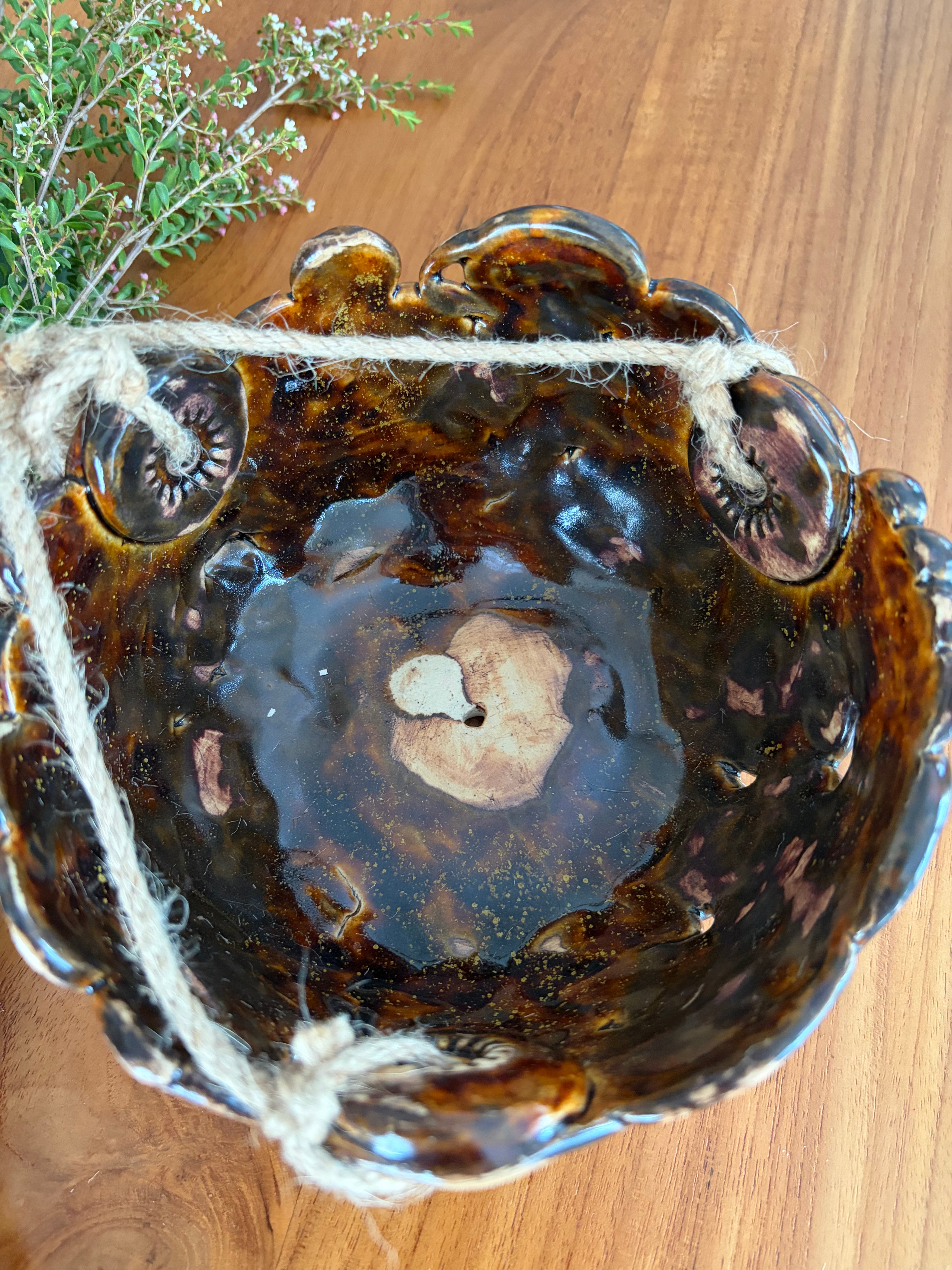 Unique Coil Pottery Hanging Planter - Brown/Black