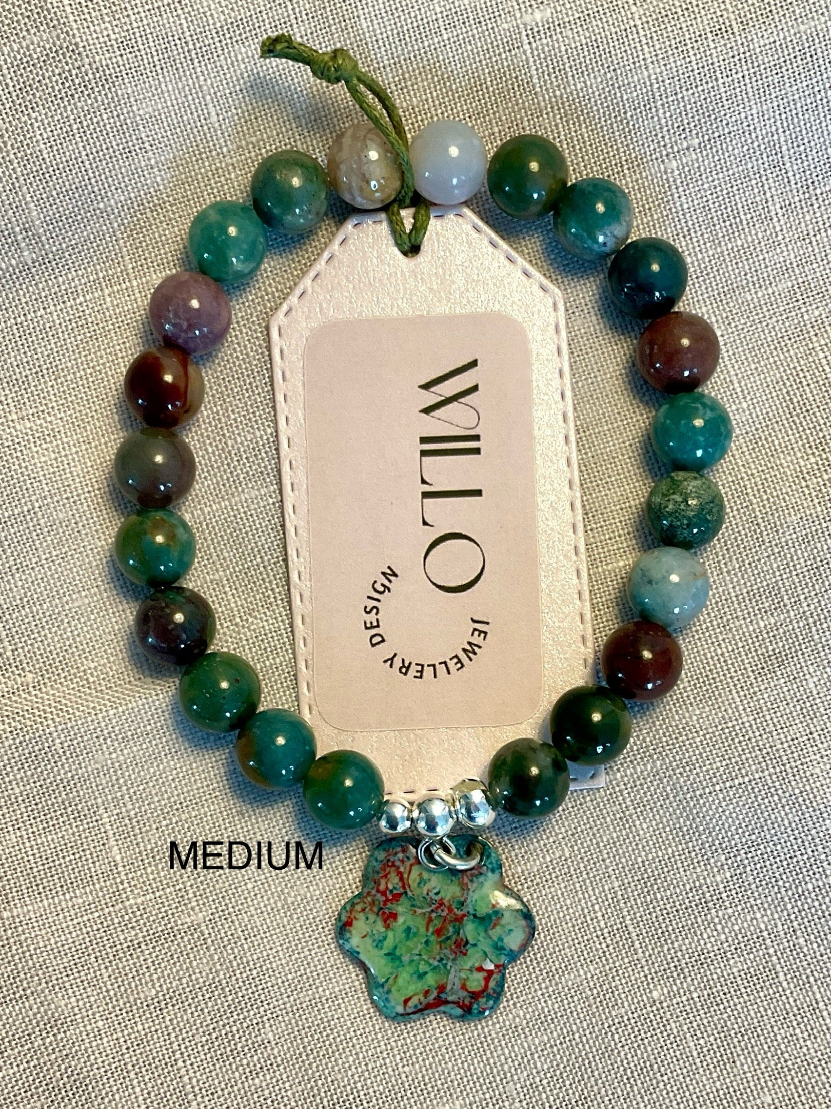 Indian Agate gemstone bracelet with enamel charm