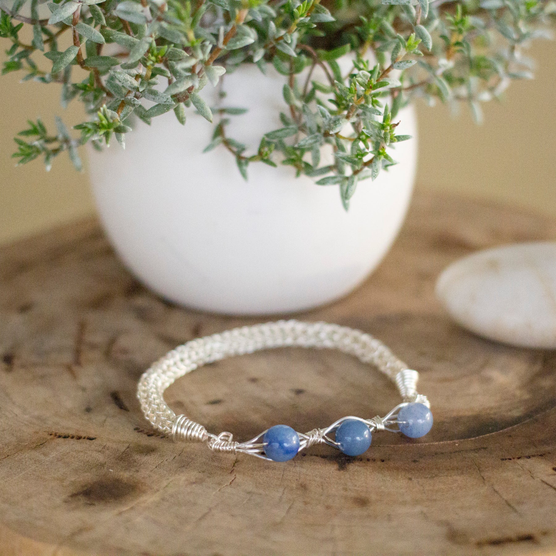 Blue Aventurine Silver Wire Knitted Bangle Bracelet