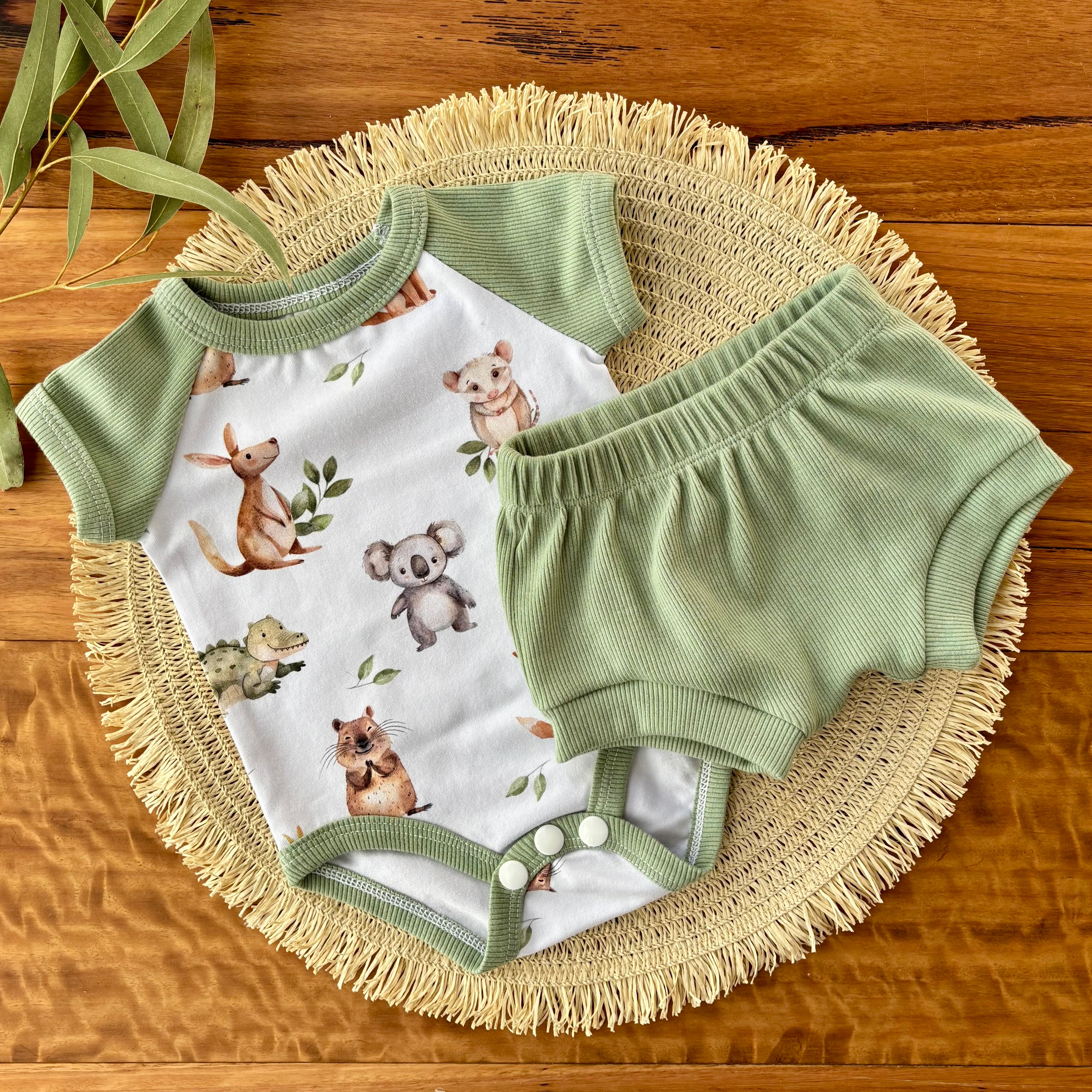 Baby Short Sleeved Bodysuit and Shorties | Green Aussie Animals | Size premmie to 2 | Made to order