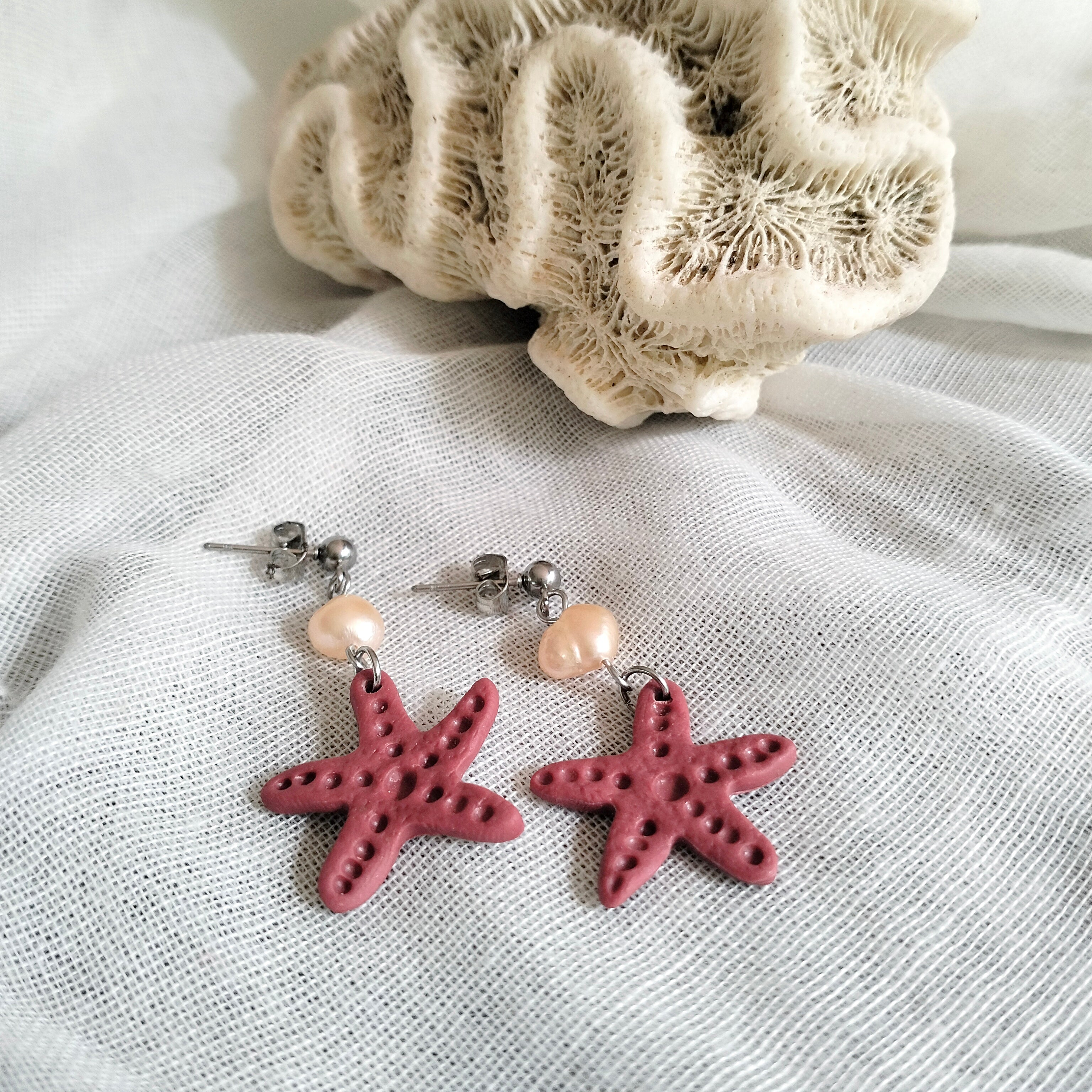 Earrings - Starfish and Fresh Water Pearls- Artful Dangles