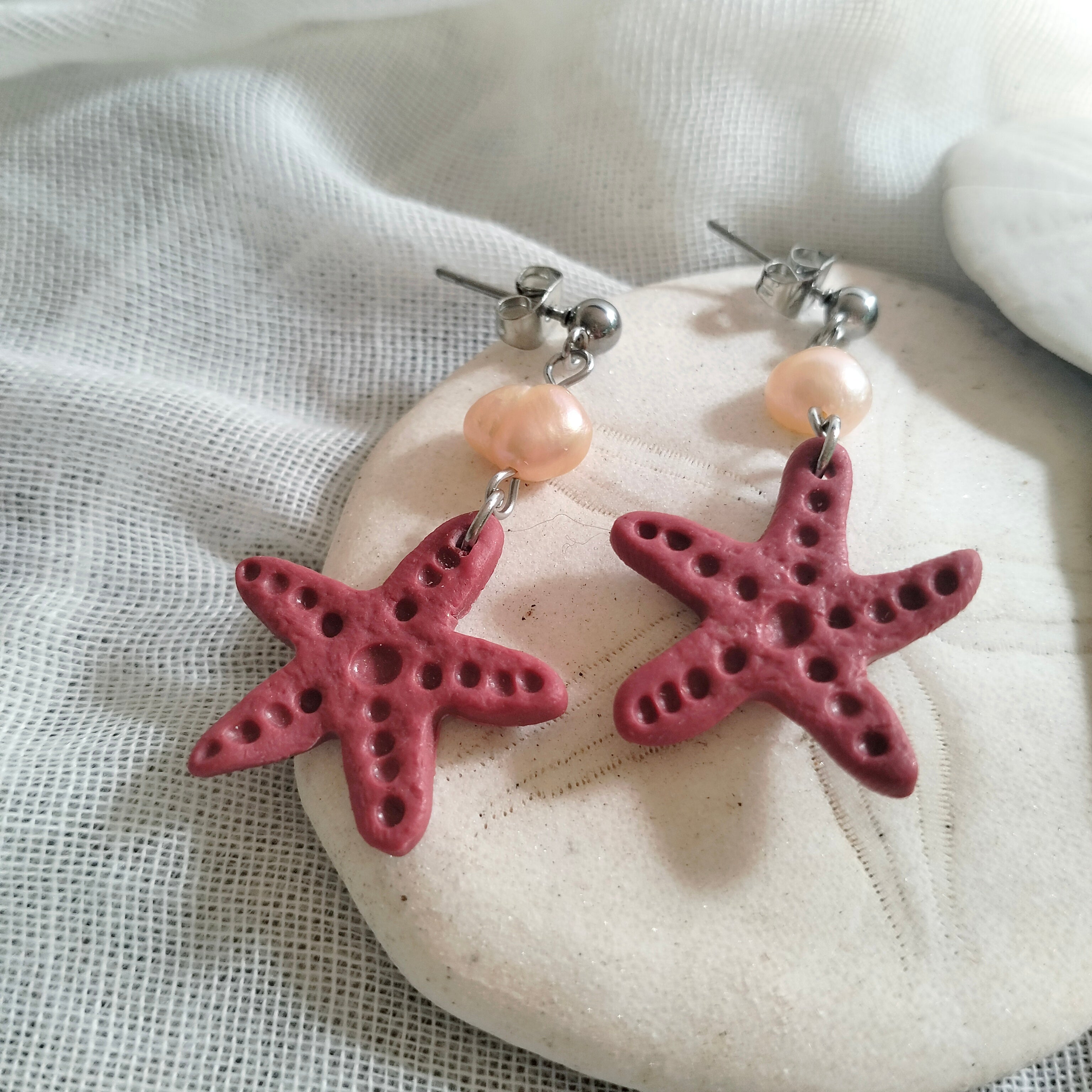 Earrings - Starfish and Fresh Water Pearls- Artful Dangles