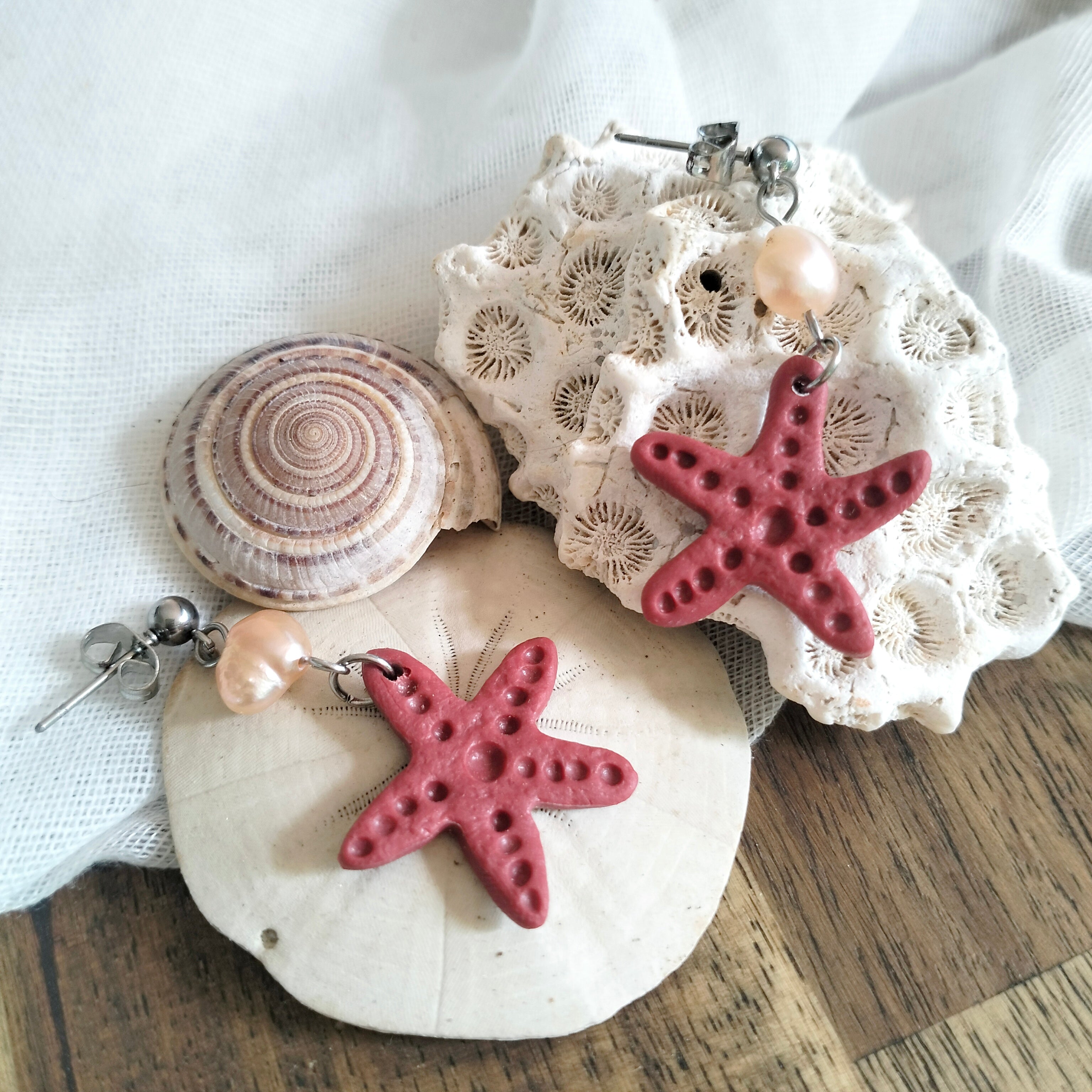 Earrings - Starfish and Fresh Water Pearls- Artful Dangles