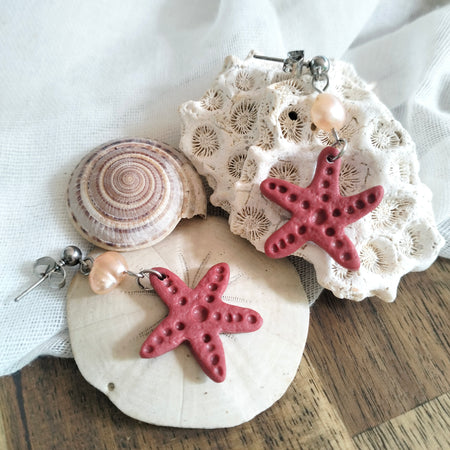 Earrings - Starfish and Fresh Water Pearls- Artful Dangles
