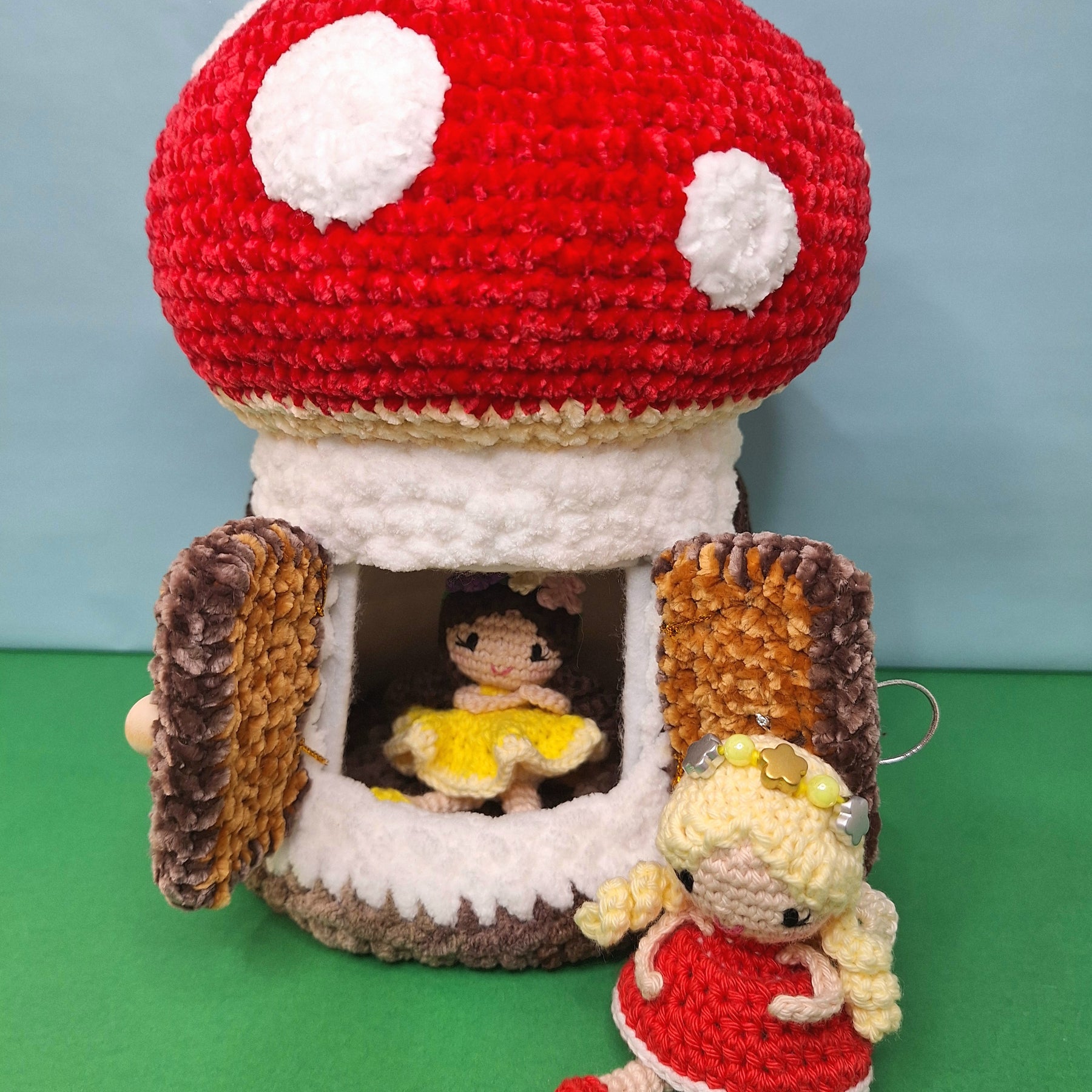 Crocheted Mushroom House Play Set with Two Fairies